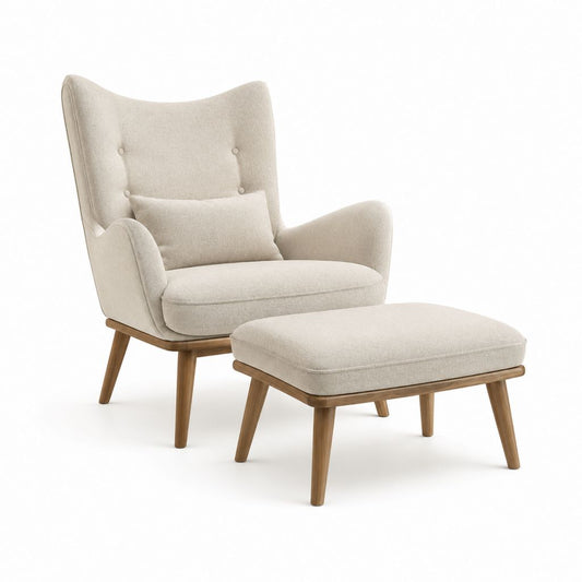 Ohrensessel mit Fußhocker Beige Polyester Massivholz Gestell 78 x 78 x 102 cm