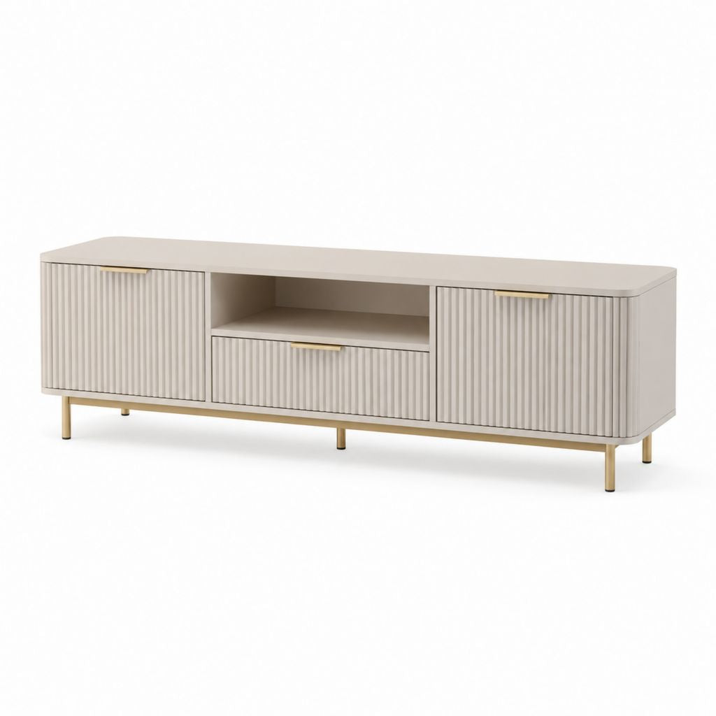 TV-Lowboard Beige aus MDF rechteckig mit 2 Türen Schublade und offenem Fach 160 x 40 x 60 cm