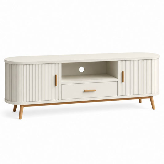 TV Lowboard Weiß aus MDF mit Massivholzbeinen oval 180 x 40 x 55 cm mit 2 Türen und 1 Schublade