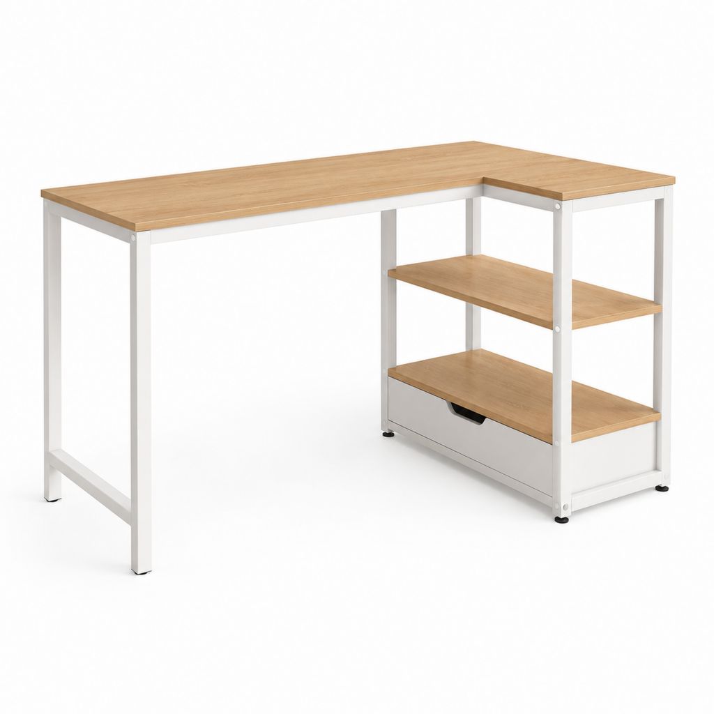 Computerschreibtisch Eckschreibtisch mit Regal und Schublade in Eichenoptik Weiß aus Spanplatte und Stahl 120 x 120 x 75 cm