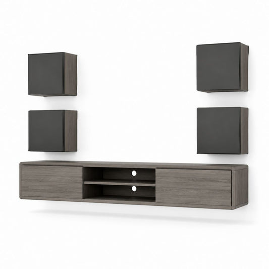 TV Wohnwand 5-teilig Anthrazit Grau Eiche aus melaminbeschichteter Spanplatte Rechteckig mit Lowboard 200 x 40 x 40 cm und 4 Hängeschränken 40 x 40 x 30 cm