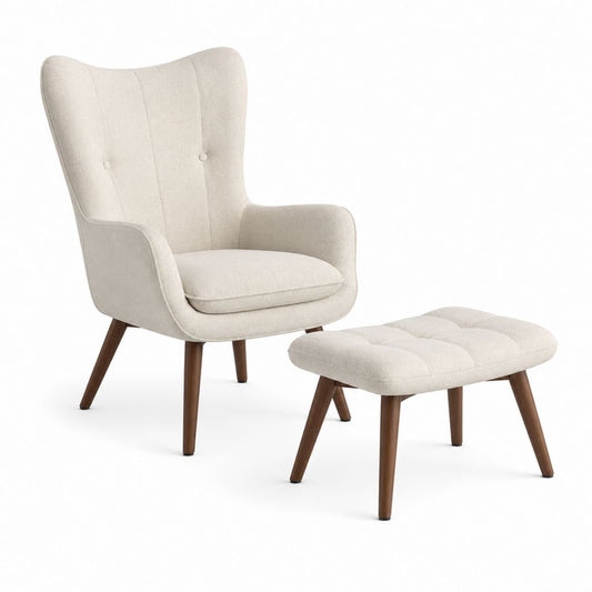 Ohrensessel mit Hocker Creme Polyesterbezug Massivholzbeine 76 x 84 x 103 cm