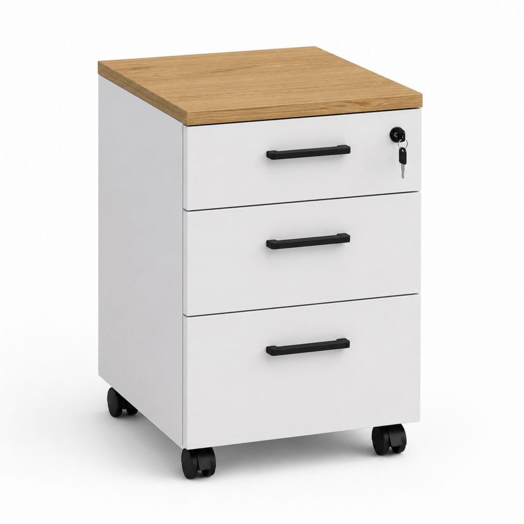Büro-Rollcontainer Weiß aus pulverbeschichtetem Stahl mit Eiche-Dekor Spanplatte rechteckig 40 x 50 x 60 cm
