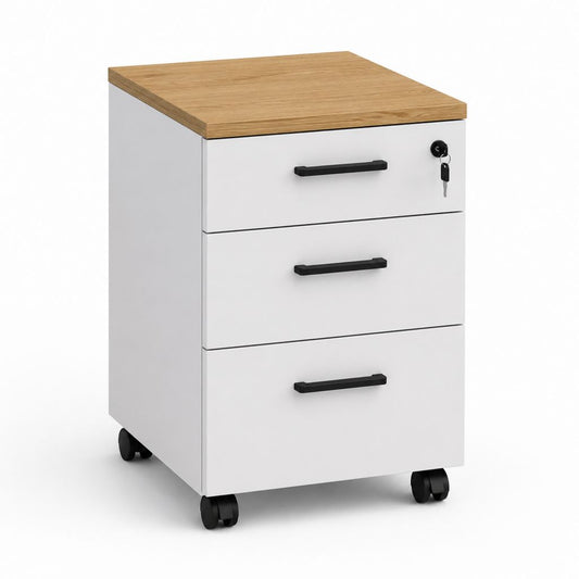Büro-Rollcontainer Weiß aus pulverbeschichtetem Stahl mit Eiche-Dekor Spanplatte rechteckig 40 x 50 x 60 cm