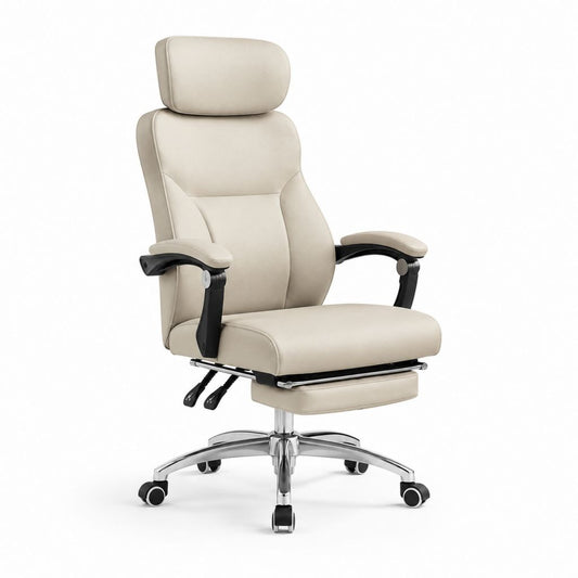 Chefsessel Bürostuhl Beige PU-Kunstleder mit Kopfstütze Fußstütze und Rollen 70 x 70 x 118-128 cm