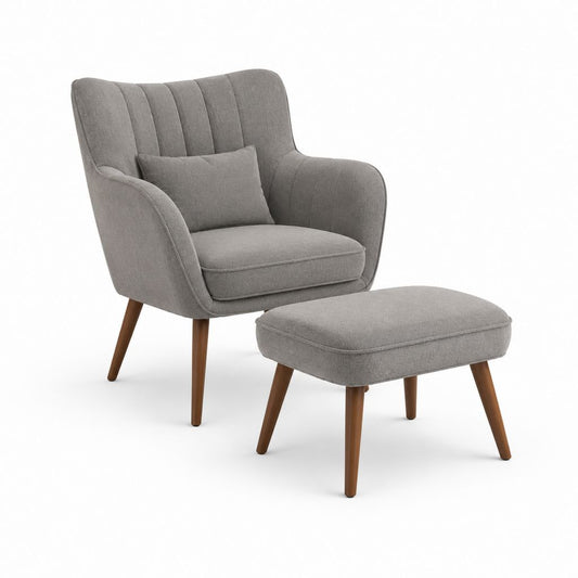 Ohrensessel mit Hocker Grau Polyesterbezug Massivholzbeine 76 x 82 x 101 cm
