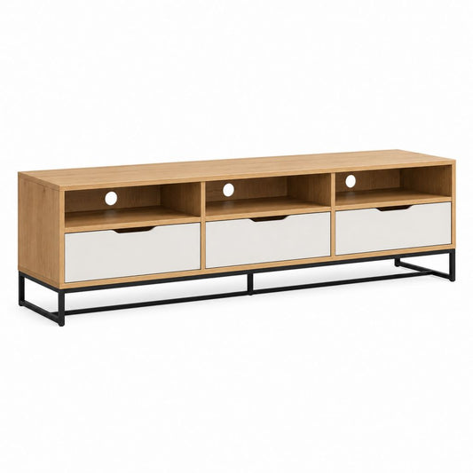 TV-Lowboard Eiche Weiß Spanplatte Rechteckig 180 x 40 x 50 cm mit 3 Schubladen und Kabeldurchführungen