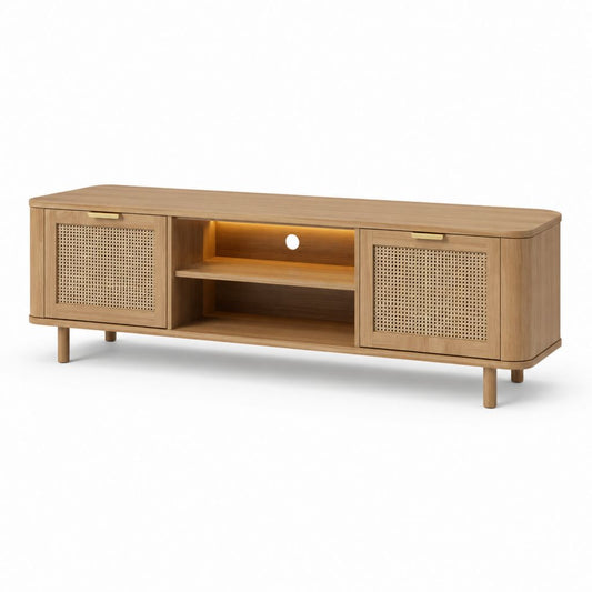 TV-Lowboard Natur MDF mit Eichenfurnier Rattan rechteckig 180 x 40 x 55 cm