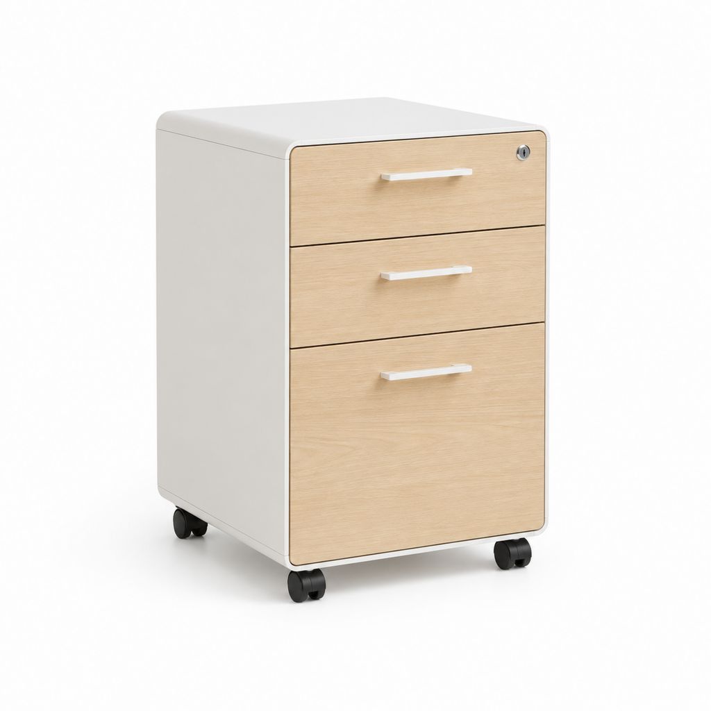 Büro Rollcontainer mit 3 Schubladen Weiß Naturholzoptik Stahl MDF 43 x 50 x 65 cm