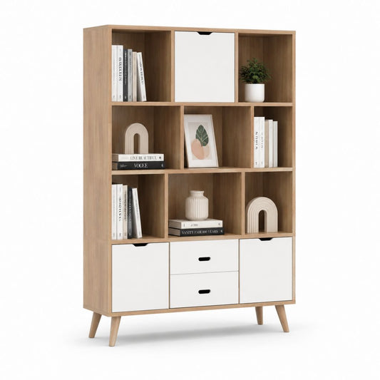 Bücherregal mit Schubladen und Türen Eiche Weiß Spanplatte rechteckig 120 x 40 x 180 cm