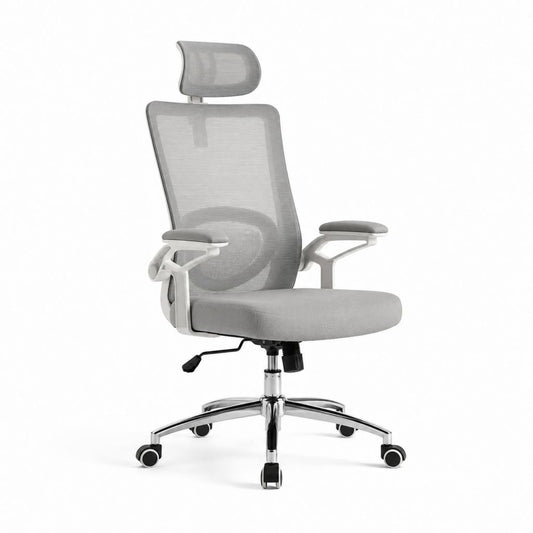 Ergonomischer Bürostuhl Drehstuhl Grau mit Polyester-Netzrücken Kopfstütze und Armlehnen 65 x 65 x 116-126 cm